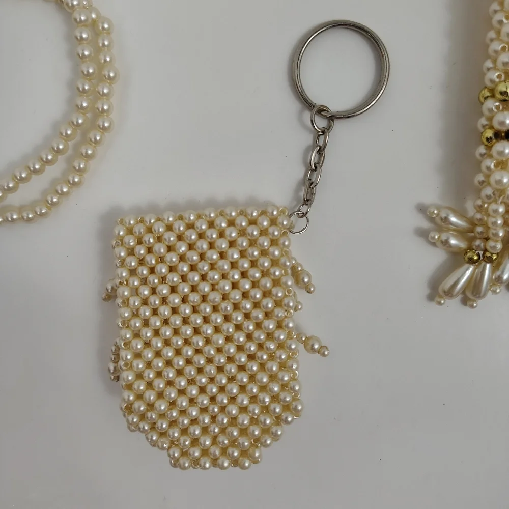 Vintage 70s 80s Off White Faux Pearl Beaded Purse Necklace And Keychain Bridal - Picture 6 of 8